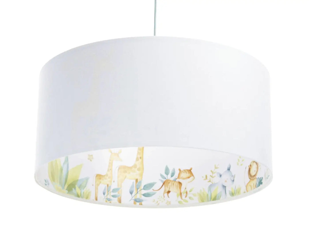 Suspension luminaire blanc avec illustration animale jungle style aquarelle sur la bordure inférieure jaune clair
