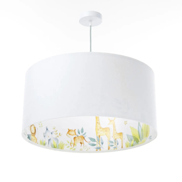 Suspension luminaire blanc avec imprimé intérieur style aquarelle animaux de la jungle jaune clair
