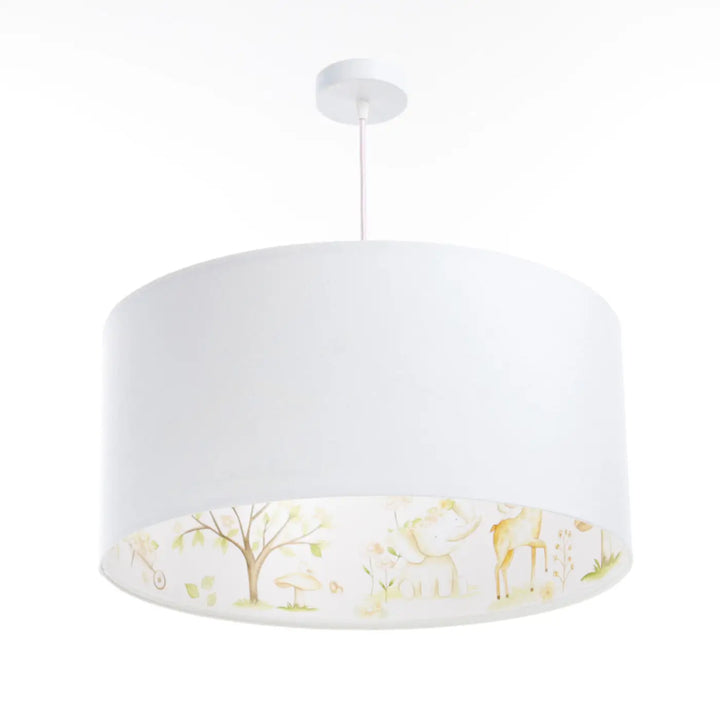 Suspension luminaire blanc marron clair avec motif illustré forêt douce et cerfs intérieur pour luminaire enfant