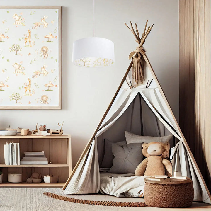 Cozy children’s teepee tent with natural wood frame white gray striped fabric and decorative branches for suspension luminaire enfant