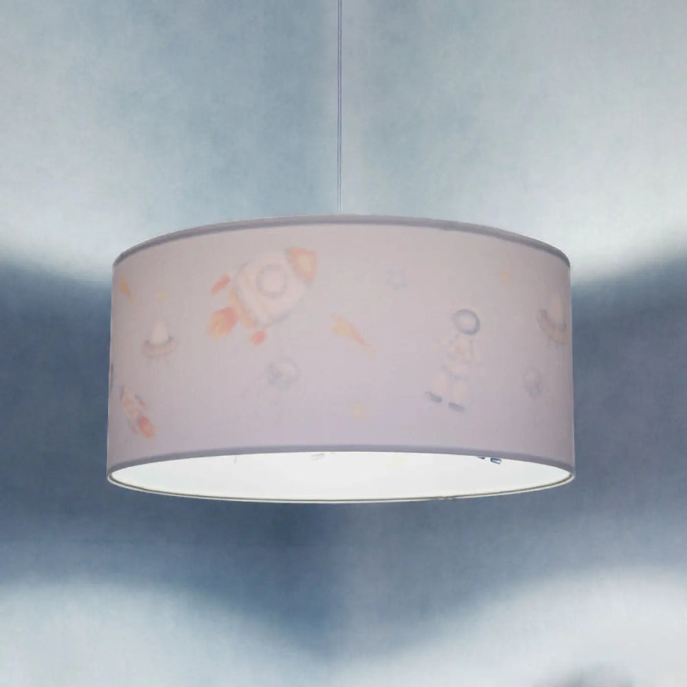 Suspension luminaire enfant lavande avec motif espace subtil en orange et gris idéal pour chambre enfant