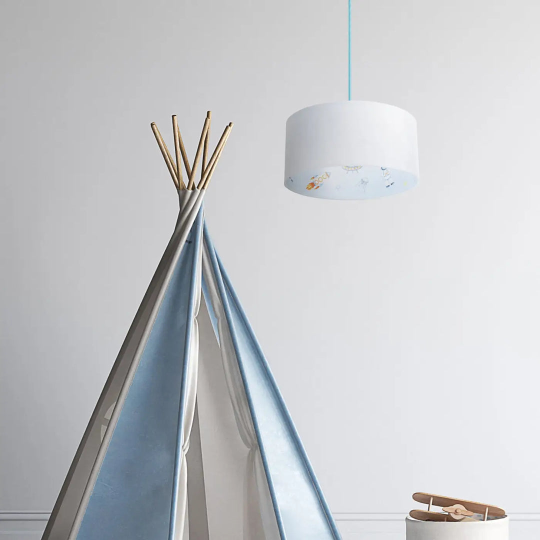 Suspension luminaire sweet dreams classic blanche avec illustrations dorées et bleues pour luminaire enfant