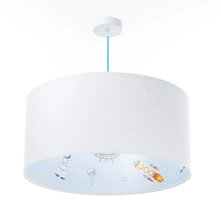 Suspension luminaire enfant blanche cylindrique avec motif spatial ludique astronautes fusées et ovnis intérieur