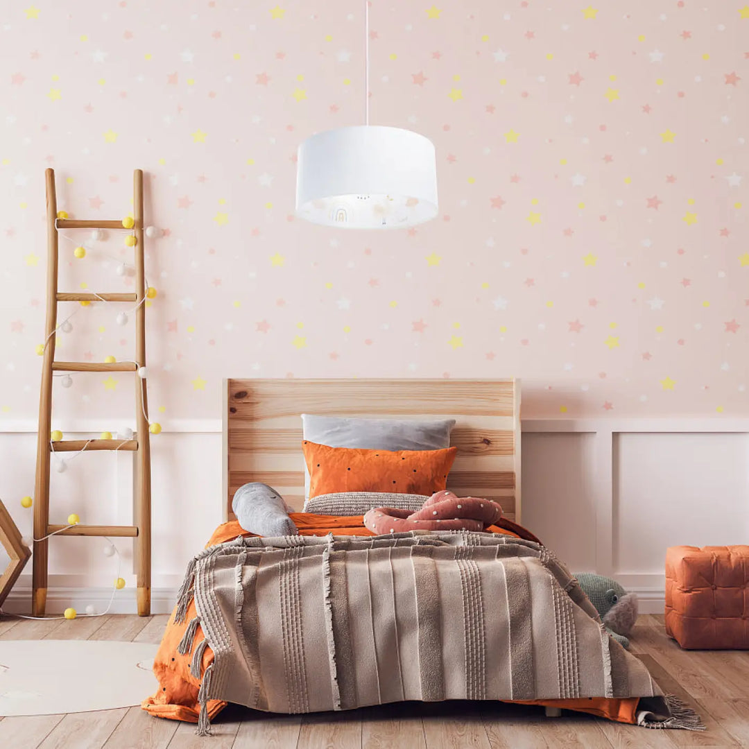 Suspension luminaire enfant blanc avec motifs décoratifs subtils aux cygnes poétiques orange et blanc pour chambre enfant