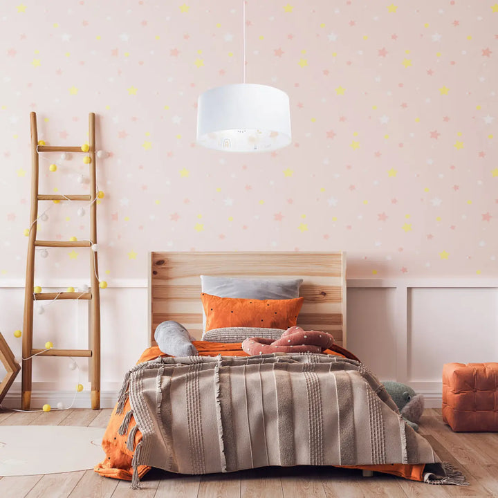 Suspension luminaire enfant blanc avec motifs décoratifs subtils aux cygnes poétiques orange et blanc pour chambre enfant