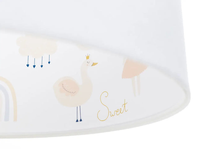 Suspension luminaire enfant blanc avec abat-jour illustré pastel animaux et lettrage sweet doré aux cygnes poétiques