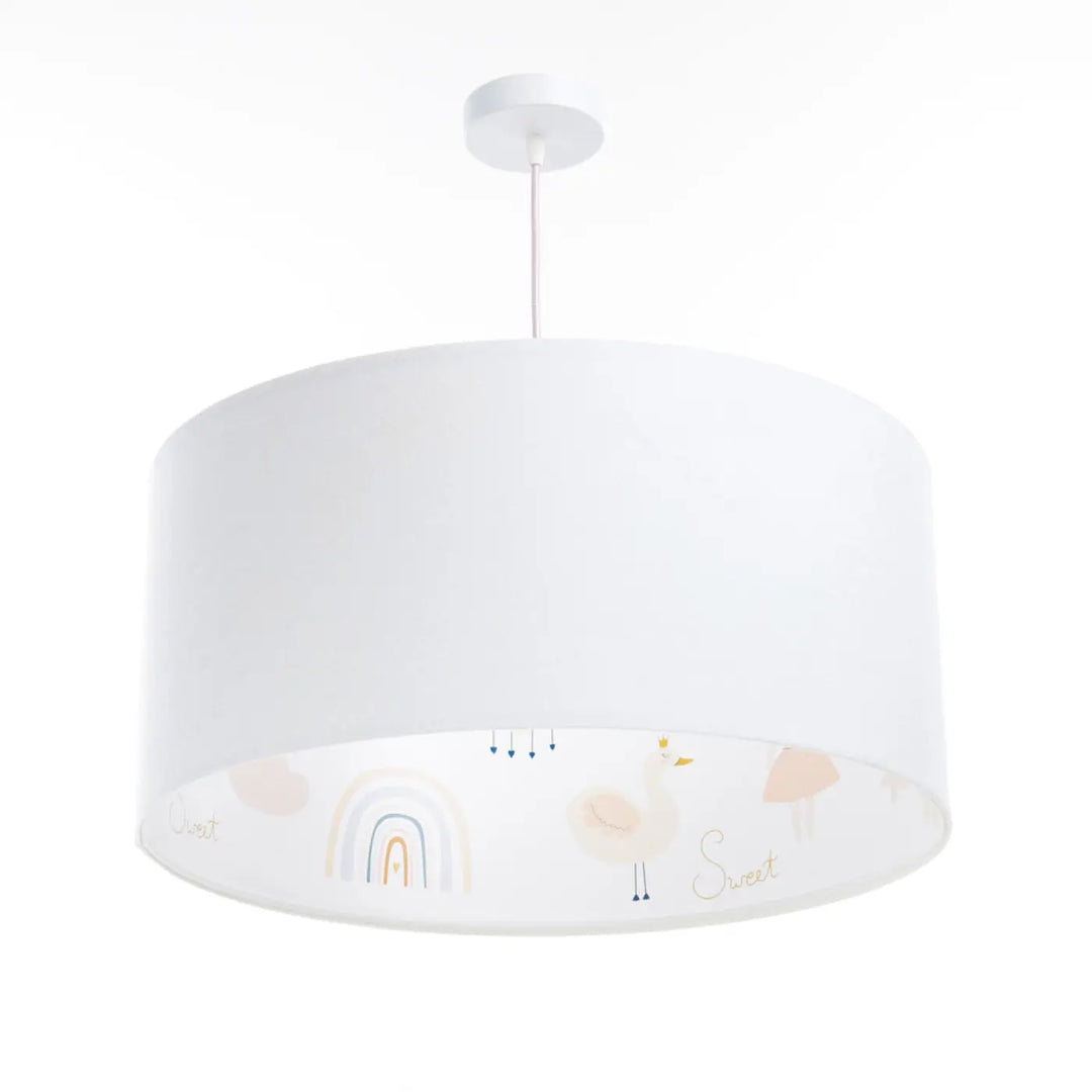 Suspension luminaire enfant blanc cylindrique avec intérieur pastel illustré aux cygnes poétiques sweet dreams classic