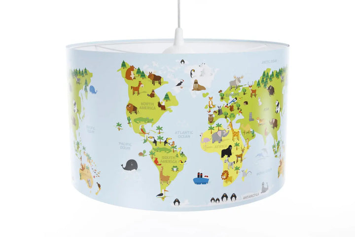 Suspension luminaire cylindrique enfant carte avec mappemonde colorée et animaux pour chambre enfant