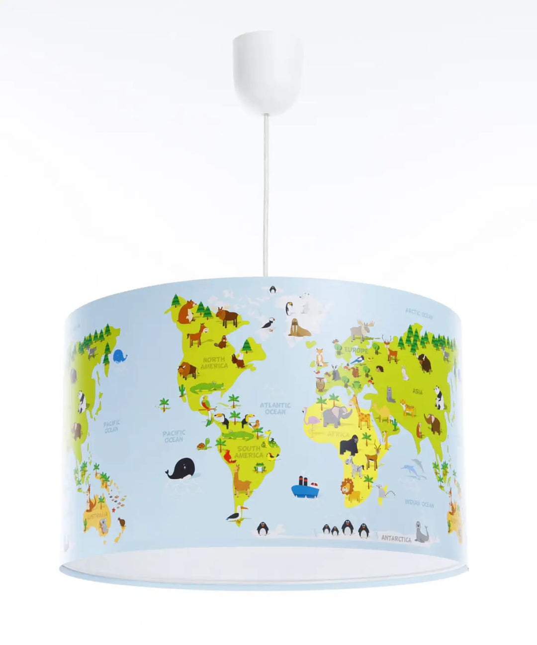 Suspension luminaire cylindrique luminaire enfant bleu avec carte du monde enfant carte colorée en tissu