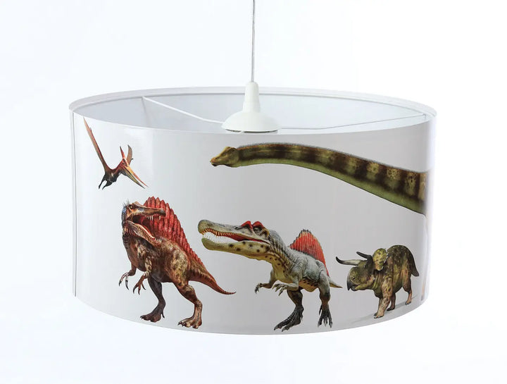Suspension luminaire blanc avec abat-jour cylindrique décoré de dinosaures colorés pour luminaire enfant dinosaure