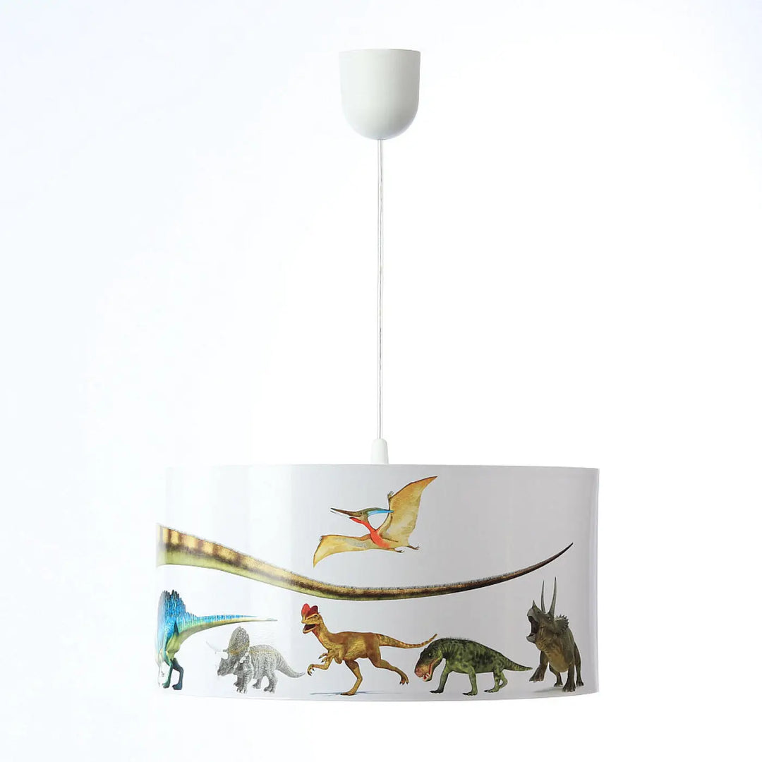 Suspension luminaire enfant blanc avec abat-jour cylindrique décor dinosaure coloré pour chambre d’enfant