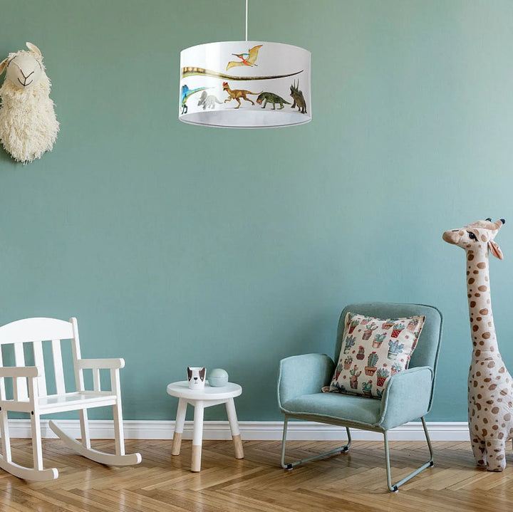 Suspension luminaire enfant blanc avec illustrations colorées de dinosaures pour chambre denfant