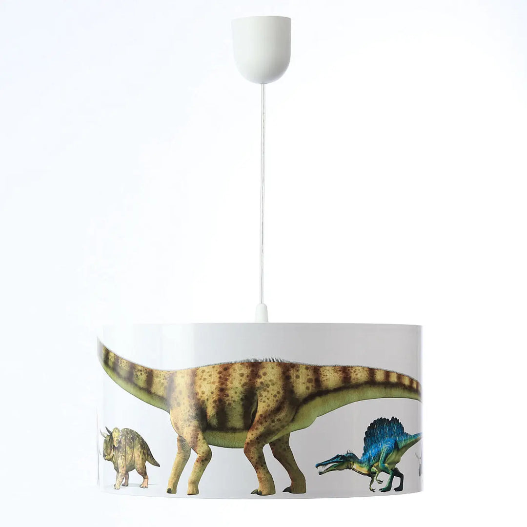 Suspension luminaire enfant blanc avec design imprimé dinosaures aux tons terreux et accents bleus pour chambre enfant