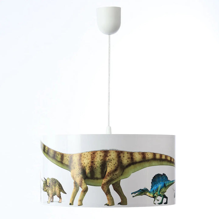 Suspension luminaire enfant blanc avec design imprimé dinosaures aux tons terreux et accents bleus pour chambre enfant
