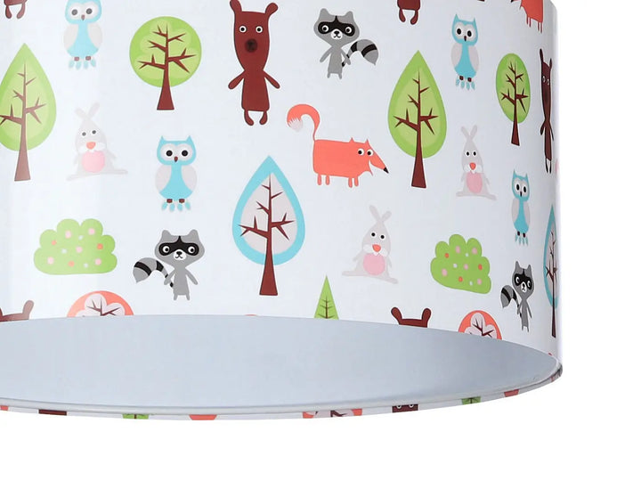 Suspension luminaire enfant cylindrique avec motif animaux de la forêt sur fond blanc pour chambre enfants