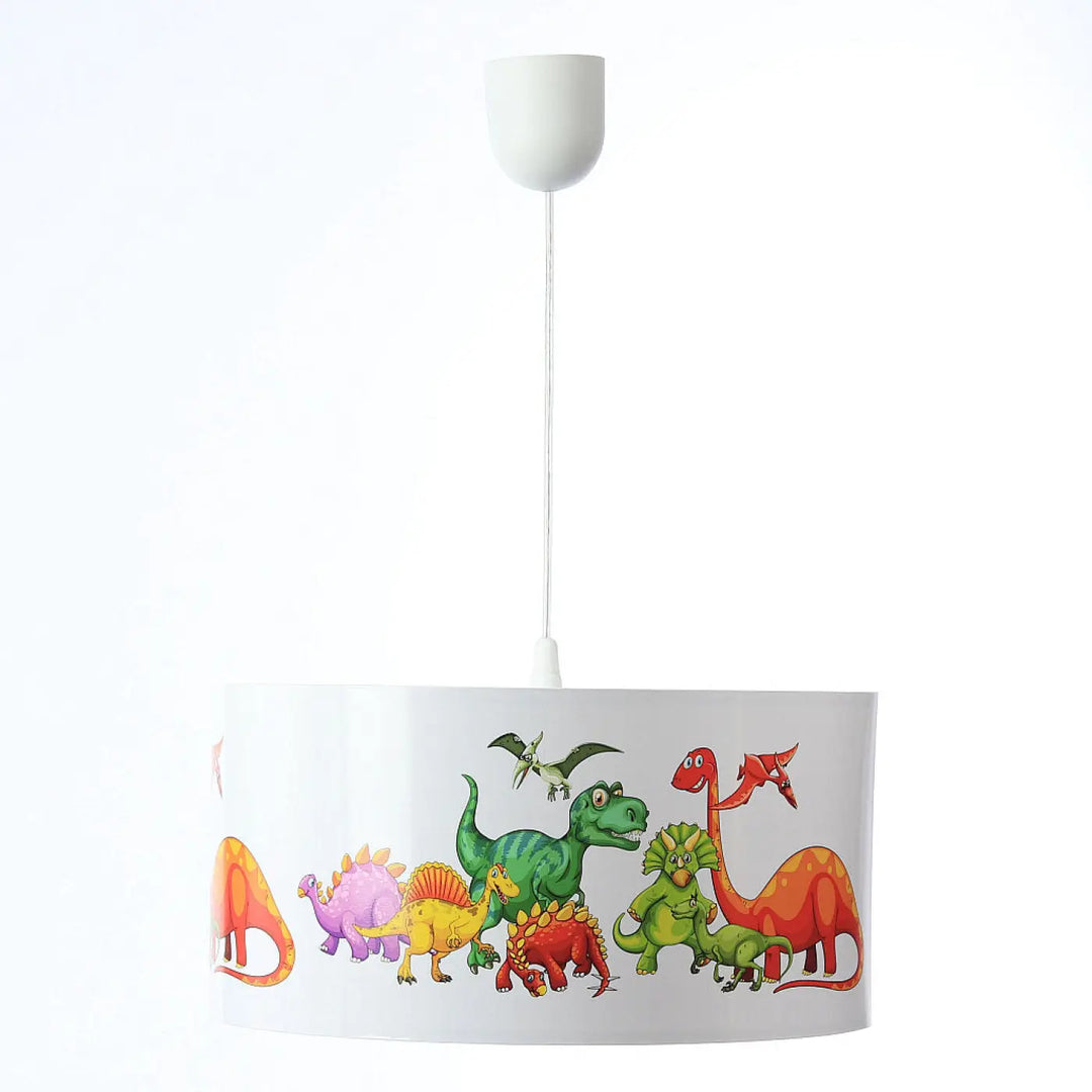 Suspension luminaire enfant blanc avec illustrations colorées de dinosaures en style dessin animé pour chambre d’enfant