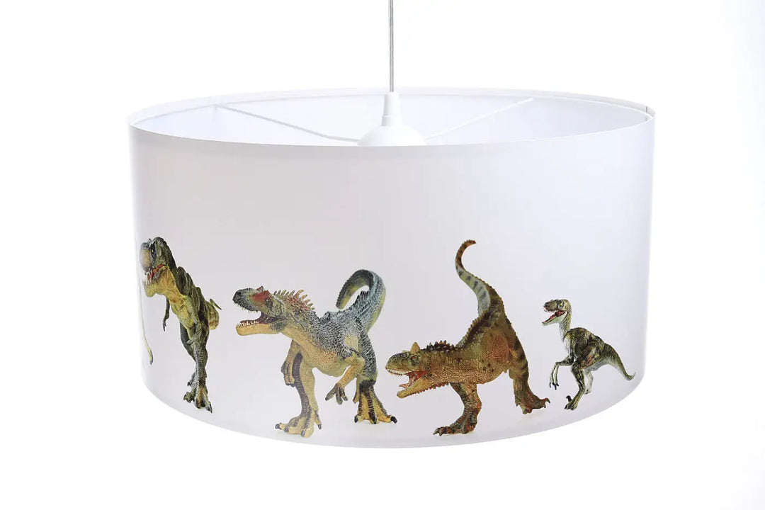 Suspension luminaire enfant blanc avec abat-jour cylindrique imprimé de quatre dinosaure en vert marron et gris