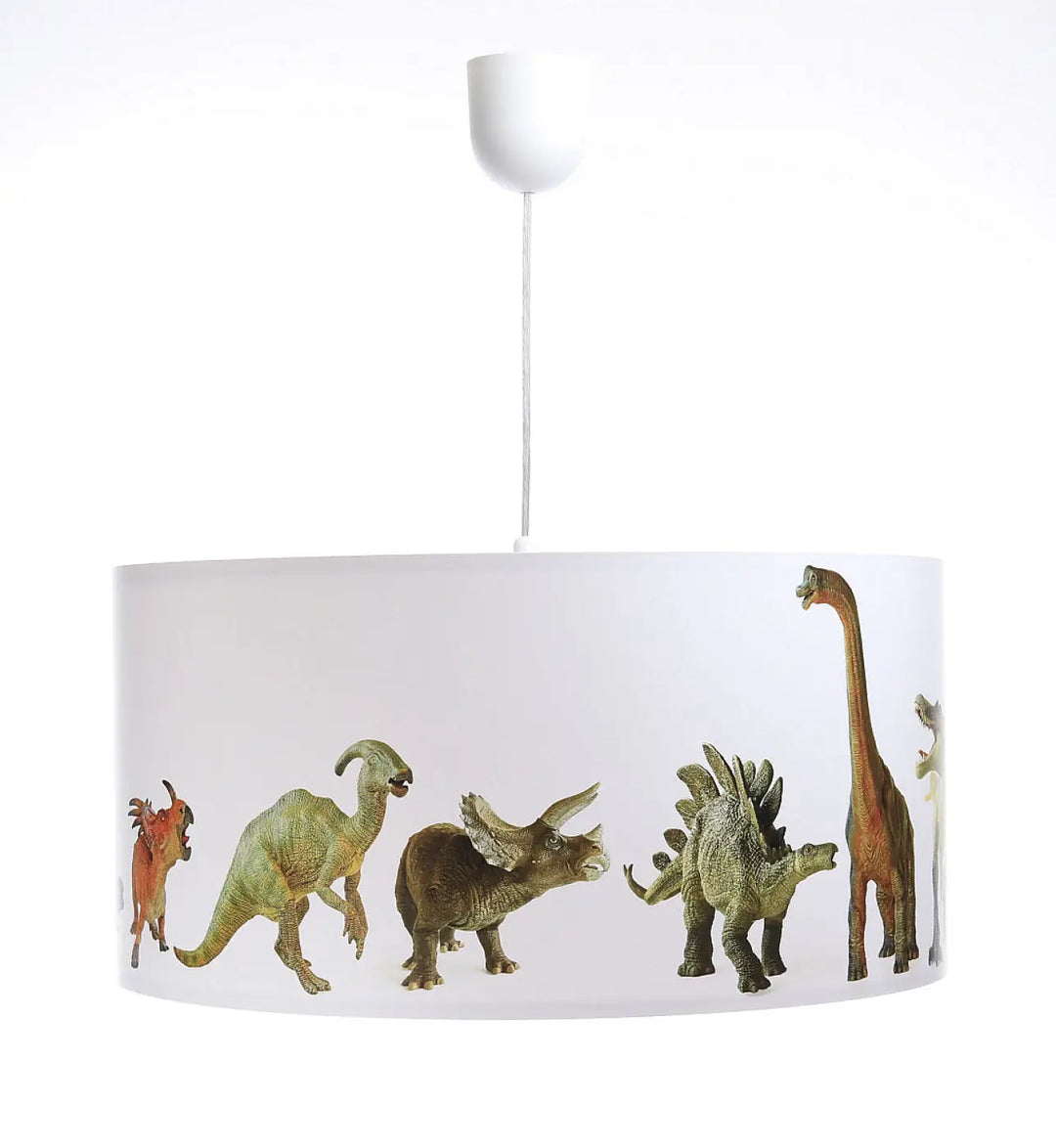 Suspension luminaire enfant avec abat-jour cylindrique blanc illustré de dinosaures colorés réalistes