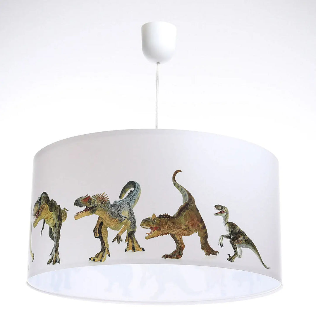 Suspension luminaire enfant blanc avec abat-jour cylindrique imprimé dinosaure coloré design détaillé