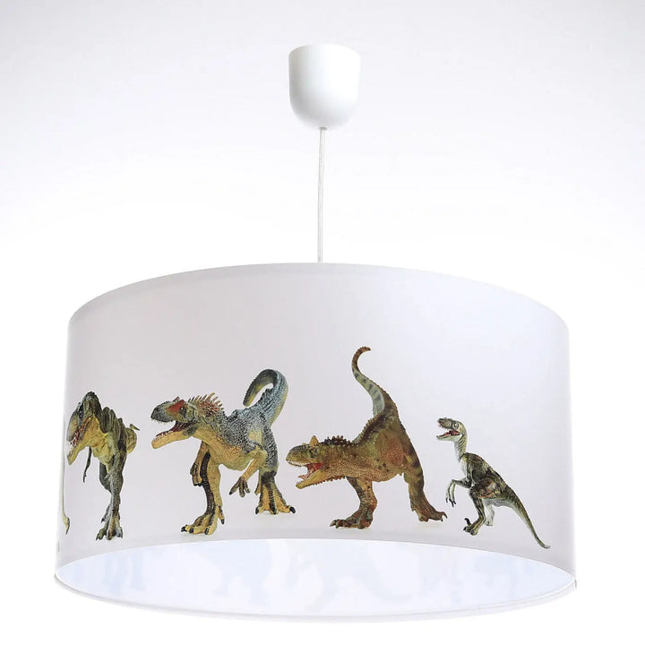 Suspension luminaire enfant blanc avec abat-jour cylindrique imprimé dinosaure coloré design détaillé