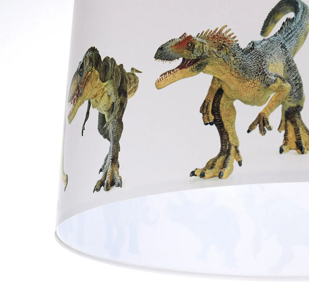 Suspension luminaire enfant blanc avec abat-jour orné dillustrations colorées de dinosaures vert jaune et gris