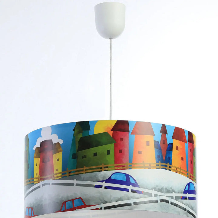 Suspension luminaire enfant cylindrique multicolore avec illustration cartoon de maisons voitures et ponts