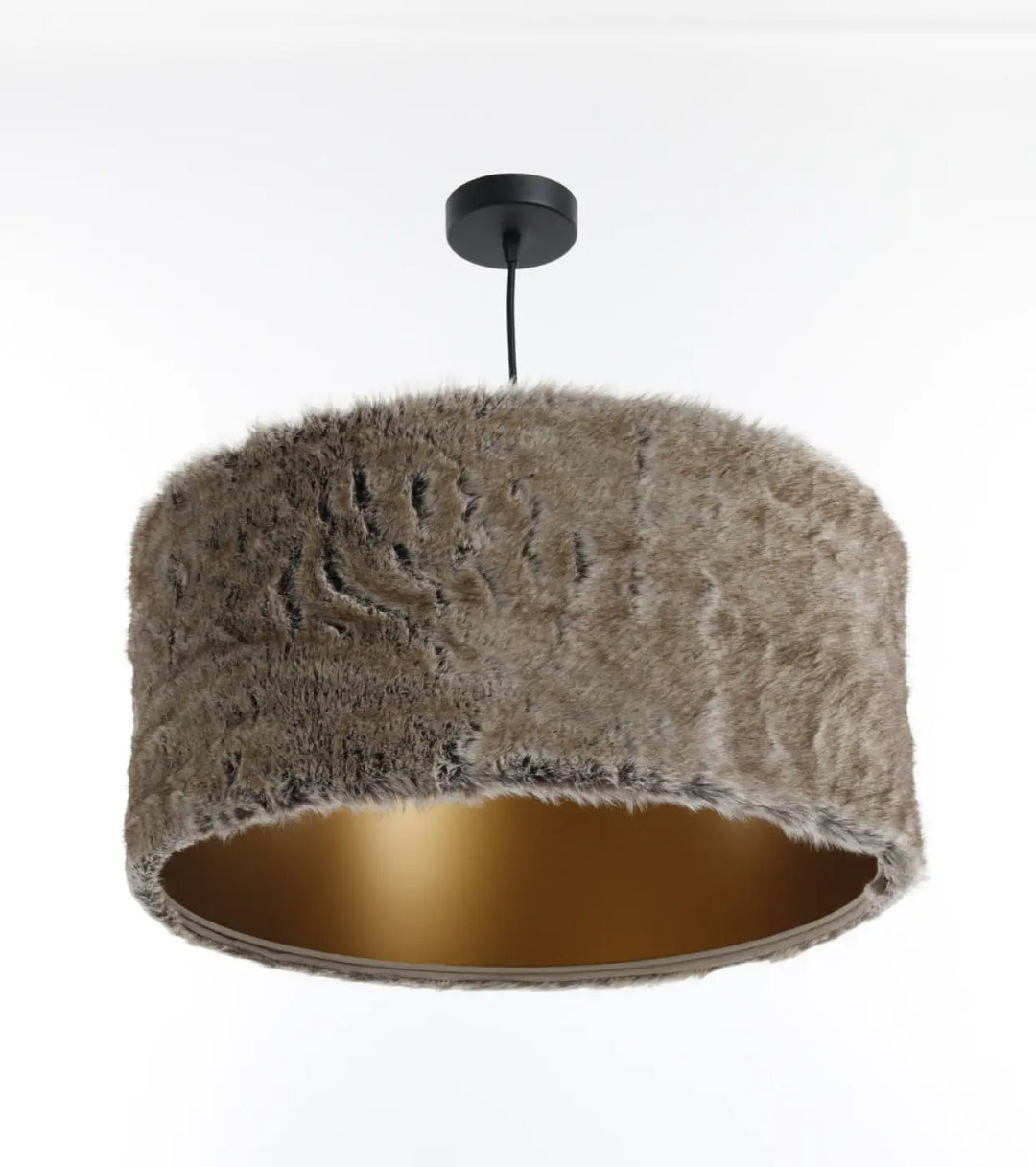 Suspension luminaire bear light en fausse fourrure beige marron avec intérieur doré et extérieur texturé grisâtre
