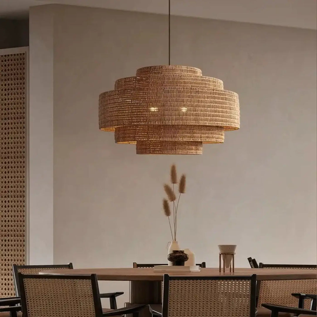 Suspension luminaire en fibres naturelles au design bohème chic