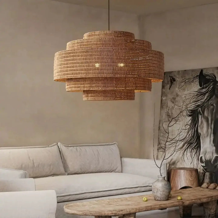 Suspension luminaire en fibres naturelles au design bohème chic
