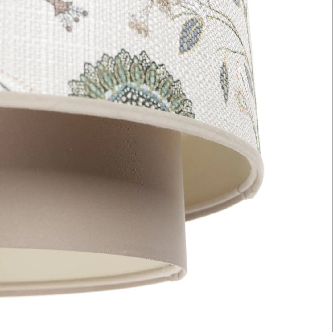 Suspension luminaire doblo avec abat-jour cylindrique en tissu beige crème à broderies florales fleurie beige