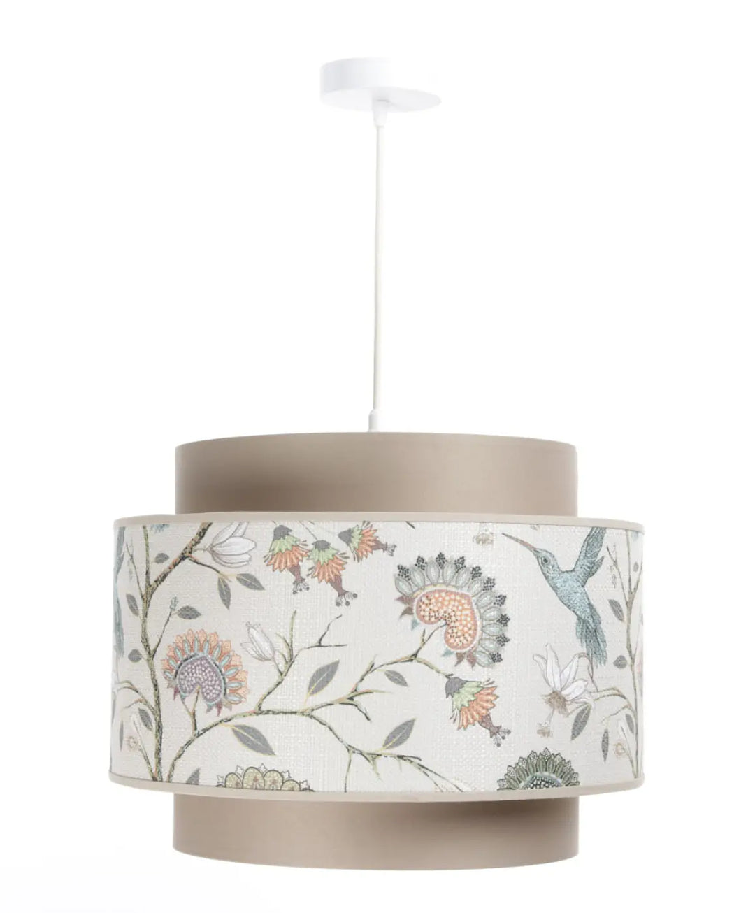 Suspension luminaire doblo avec abat-jour cylindrique en tissu fleurie beige crème à motif botanique et colibri