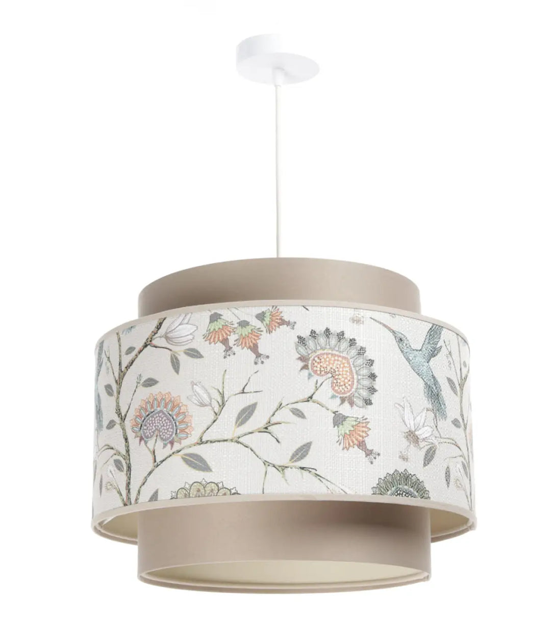 Suspension luminaire doblo beige crème à étages avec motif fleurie beige délicat oiseaux en tons pastels doux