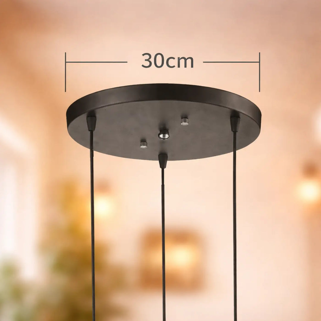 Suspension luminaire aria avec plaque de fixation noire de 30 cm de diamètre et trois cordons suspendus bouteille colorée