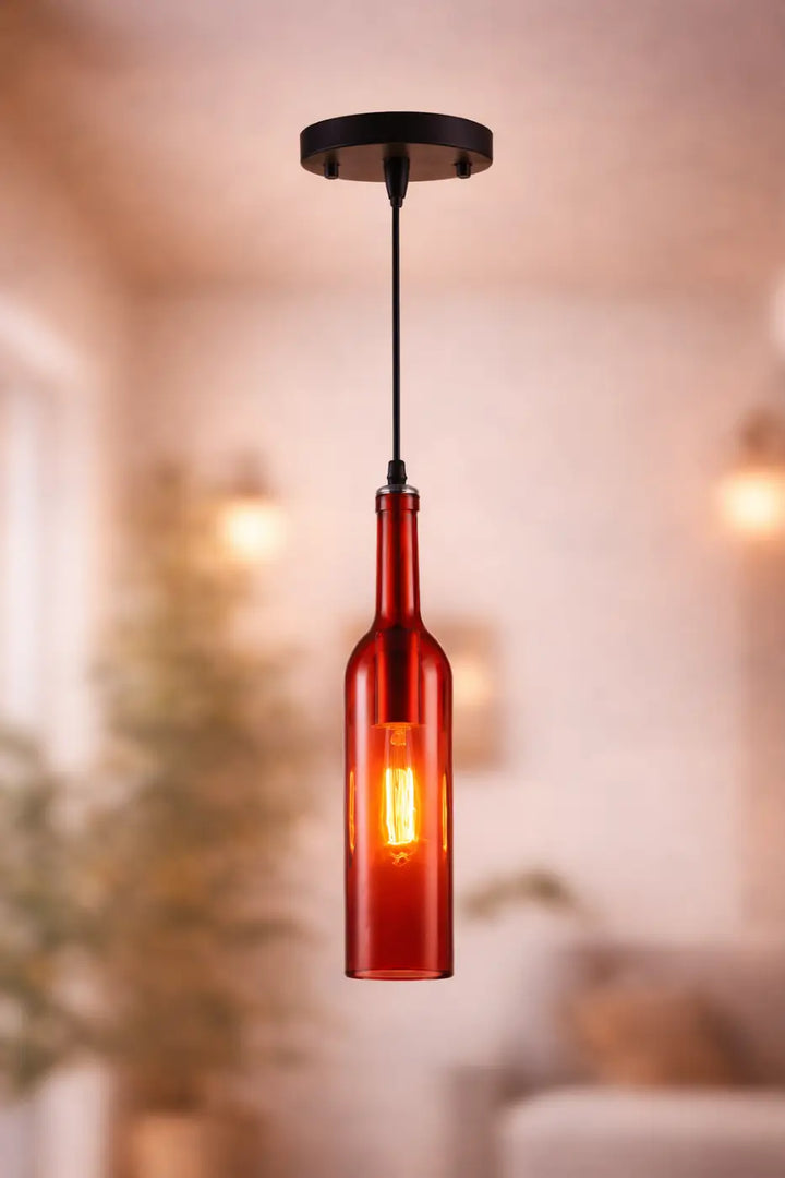 Suspension luminaire aria en bouteille colorée rouge avec ampoule filament visible à linterieur