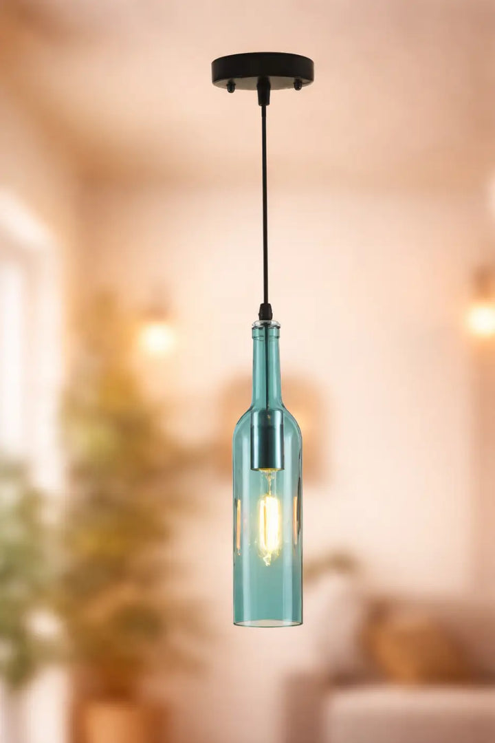 Suspension luminaire aria avec bouteille colorée en verre teal et fixation plafond en métal noir