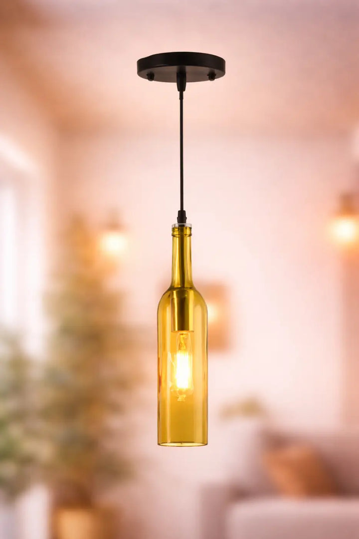 Suspension luminaire aria bouteille colorée en verre ambre avec fixation plafond métal noir et câble assorti