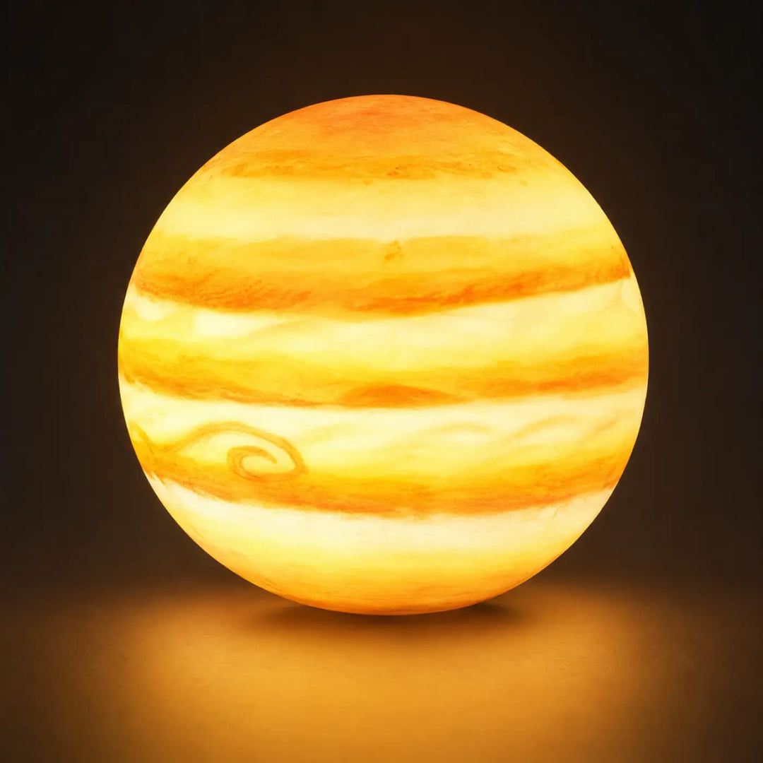 Suspension luminaire cosimo avec éclairage doux en forme de lampe sphérique jupiter aux bandes orange et jaune swirl