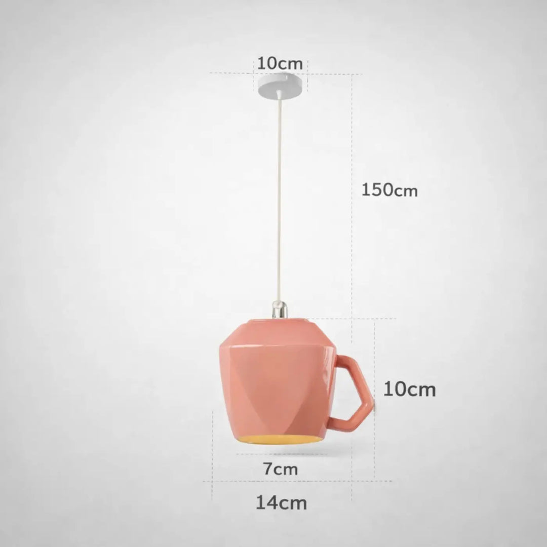 Suspension luminaire tasse rétro en céramique pêche avec base jaune géométrique pour salle à manger