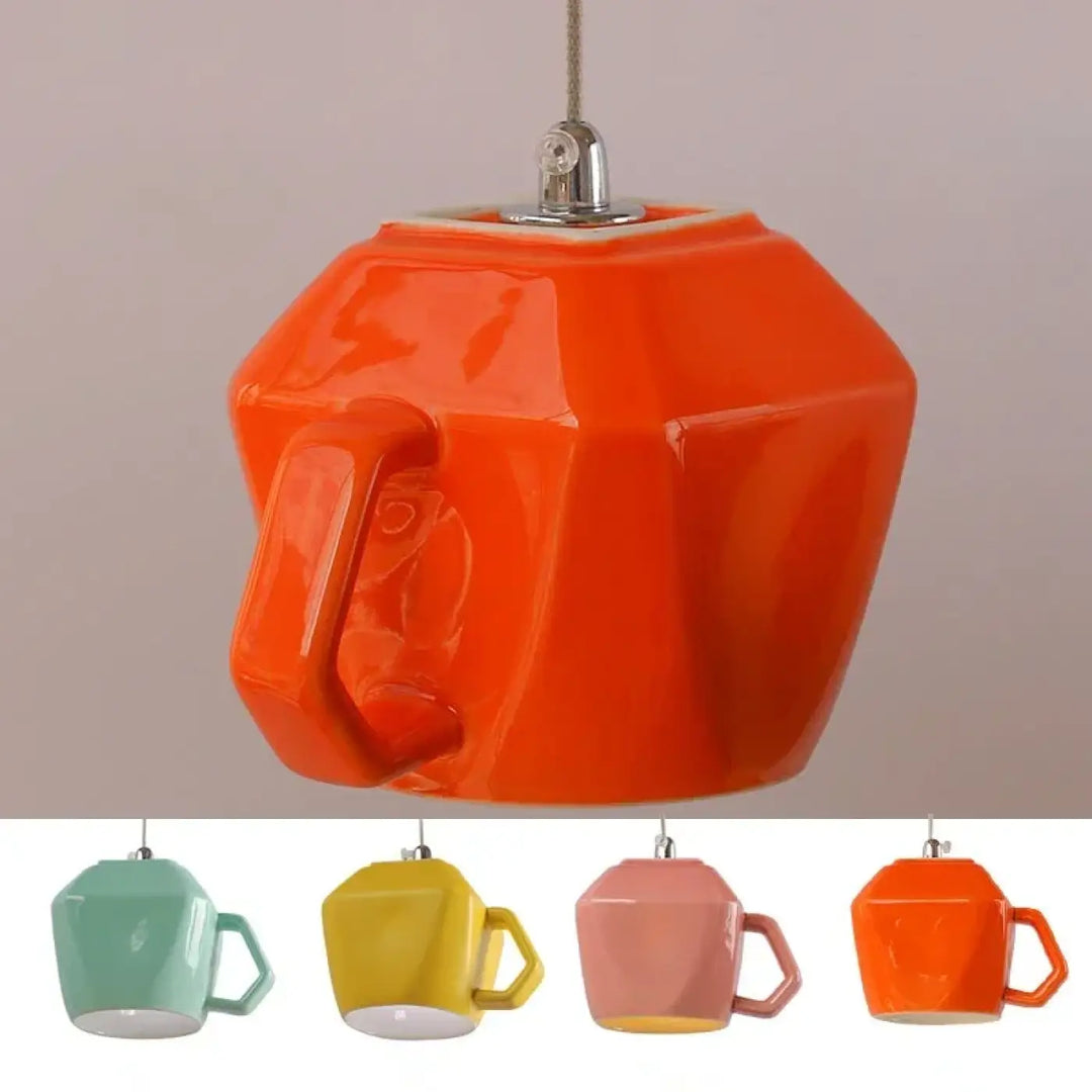 Suspension luminaire tasse rétro en céramique orange vif avec finition brillante idéale pour salle à manger