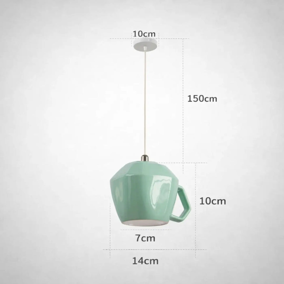 Suspension luminaire tasse rétro mint vert en céramique avec poignée métallique idéale pour salle à manger