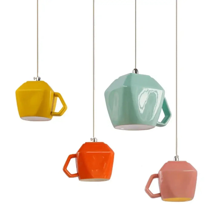 Suspension luminaire tasse rétro en céramique géométrique colorée pour salle à manger suspendue par cordons fins