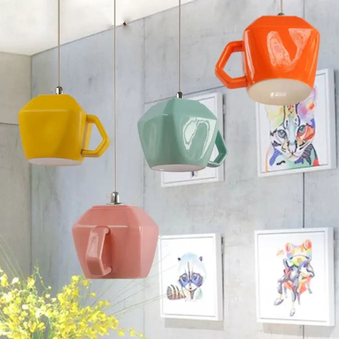 Suspension luminaire tasse rétro en céramique brillante jaune, vert menthe et rose corail pour salle à manger