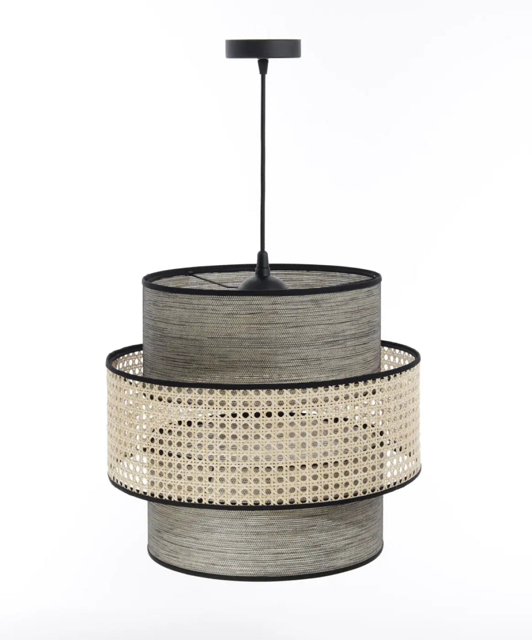 Suspension luminaire doblo rotin beige gris avec double abat-jour tissé gris et cannage beige pour une lumière de plafond élégante