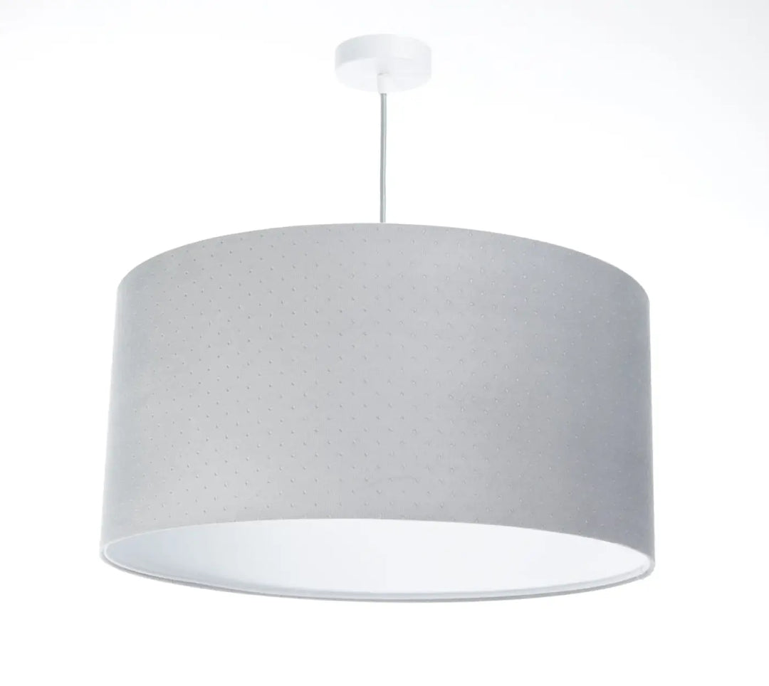 Suspension luminaire gris clair cylindre avec abat-jour en tissu texturé et intérieur blanc classique jasmin