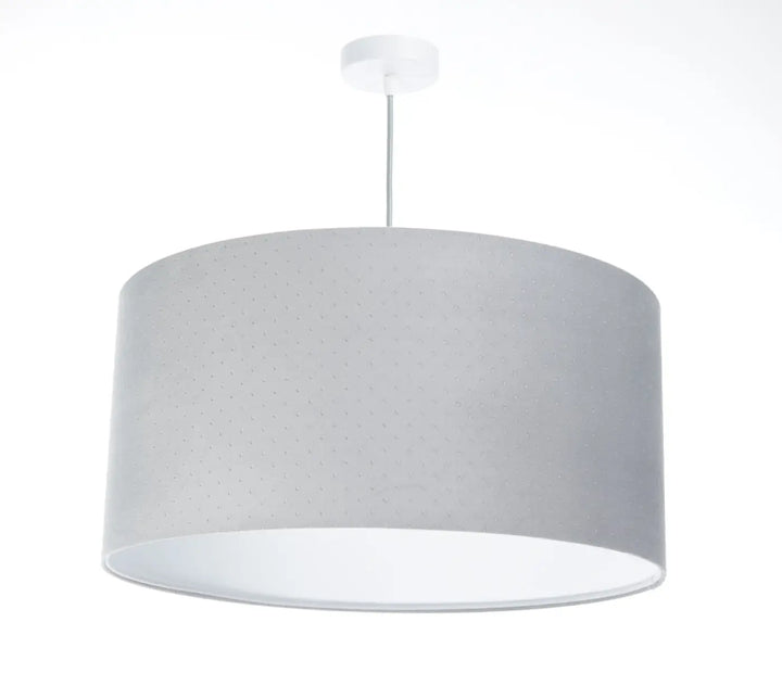 Suspension luminaire gris clair cylindre avec abat-jour en tissu texturé et intérieur blanc classique jasmin