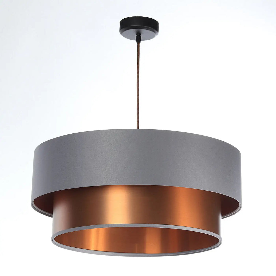 Suspension luminaire duo gris avec double abat-jour et anneau intérieur cuivré design moderne suspendu au plafond