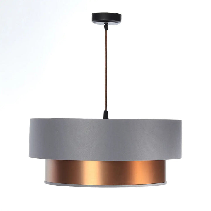 Suspension luminaire duo gris avec abat-jour mat et bande cuivré design moderne suspendue par cordon noir