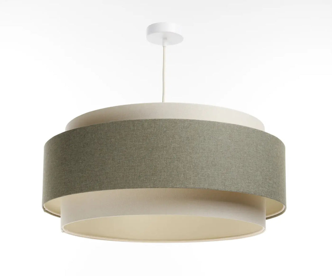 Suspension luminaire doblo boho elegant avec abat-jour deux niveaux gris vert texturé et anneaux intérieurs blanc crème lisses