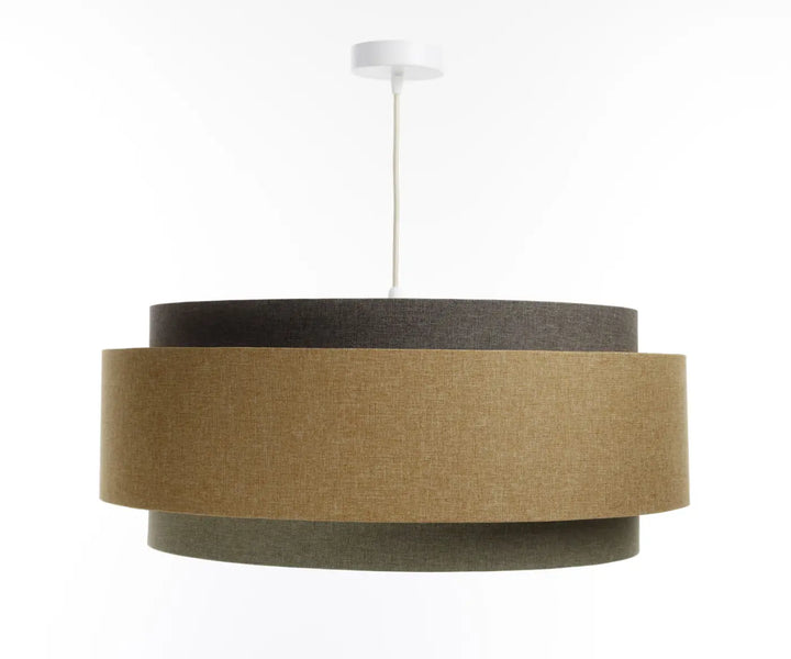 Suspension luminaire doblo boho elegant avec abat-jours concentriques en tissu gris vert caramel et écru pour décoration intérieure