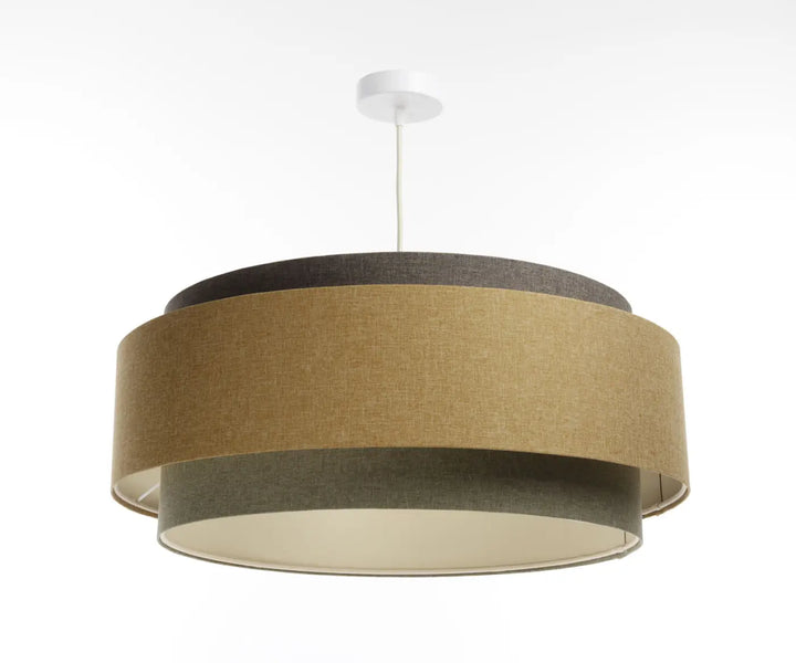 Suspension luminaire doblo boho elegant avec abat-jour en tissu texturé beige et gris vert marron moderne à niveaux